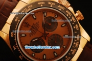 Rolex Daytona Chronograph Swiss Valjoux 7750 Automatic Rose Gold Case and Rose Gold Dial with PVD Bezel-Brown Leather Strap