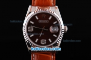 Rolex Datejust Automatic with Dark Red Dial and White Bezel and Case-Diamond Marking-Small Calendar-Brown Leather Strap
