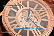 Cartier Rotonde De Swiss Quartz Rose Gold Case with Diamonds Bezel Skeleton Dial and Brown Leather Strap