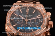 Audemars Piguet Royal Oak Chronograph Swiss Valjoux 7790 Automatic Rose Gold/Diamonds Case with Blue Grids Dial Diamonds Bezel and Stick Markers (EF)