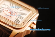 Cartier Santos 100 Swiss ETA 2671 Automatic Movement Rose Gold Case with Diamond Bezel and Brown Leather Strap