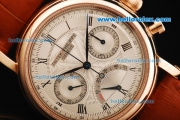 Patek Philippe Chronograph Swiss Valjoux 7750 Manual Winding Movement Rose Gold Case with White Dial and Brown Leather Strap
