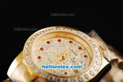 Rolex Datejust Automatic Movement Full Rose Gold with Diamonds Dial and Diamonds Bezel-Red Diamonds Hour Markers-Lady Size