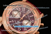 Franck Muller Freedom Chrono Miyota OS20 Quartz Rose Gold Case with Burgundy Dial Diamonds Bezel and White Markers - 7750 Coating