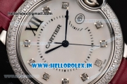 Cartier Ballon Bleu De Large Miyota Quartz Steel Case with Diamonds Bezel White MOP Dial and Burgundy Leather Strap
