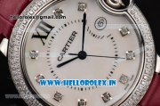 Cartier Ballon Bleu De Large Miyota Quartz Steel Case with Diamonds Bezel White MOP Dial and Burgundy Leather Strap