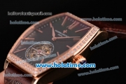 Vacheron Constantin Malte Tourbillon Swiss Tourbillon Manual Winding Rose Gold Case with Brown Alligator Strap Black Dial and Diamond Bezel