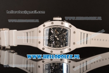 Richard Mille RM 011 Chronograph 7750 Auto Ceramic Case with Skeleton Dial and White Rubber Strap - 1:1 Origianl (KV)