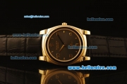 Rolex Cellini Swiss Quartz Yellow Gold Case with Brown Dial and Black Leather Strap-Numeral Markers