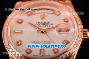Rolex Day-Date Asia Automatic Rose Gold Case with Diamonds Markers White Dial and Diamonds Bezel (BP)