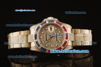 Rolex GMT Master II Swiss ETA 2836 Automatic Full Steel with Blue and Red Diamond Bezel-Diamond Dial/Strap