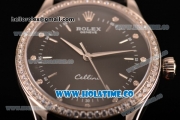 Rolex Cellini Asia Automatic Steel Case with Black Dial Stick Markers and Black Leather Strap - Diamonds Bezel (BP)