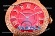 Cartier Ballon Bleu De Small Swiss Quartz Rose Gold Case with Diamonds Bezel Red Dial and Red Leather Strap - White Markers