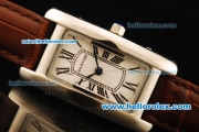 Cartier Tank Americaine Quartz Movement Steel Case with White Dial and Brown Leather Strap - Lady Model