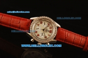 Omega Speedmaster Automatic Steel Case with Diamond Bezel and White Dial-Red Leather Strap