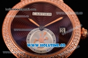 Cartier Rotonde De Swiss Quartz Rose Gold Case with Brown Guilloche Dial Diamonds Bezel and Brown Leather Strap