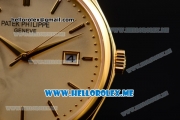 Patek Philippe Calatrava Miyota Quartz Yellow Gold Case with Yellow Gold Dial and Black Leather Strap Stick Markers