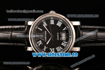 Cartier Rotonde De Miyota Quartz Steel Case with Black Dial Black Leather Strap and Roman Numeral Markers