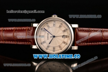 Cartier Rotonde De Miyota Quartz Steel Case with Diamonds Markers White Dial and Brown Leather Strap