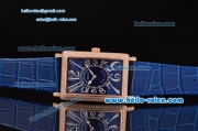 Franck Muller Long Island Swiss Quartz Rose Gold Case Diamond Bezel with Blue Leather Strap and Blue Dial