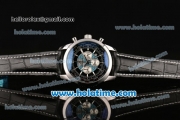 Breitling Transocean Chronograph Unitime Miyota OS20 Quartz Steel Case with Black Leather Bracelet Stick Markers and Black/Blue Dial