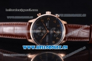 IWC Portugieser Chronograph Swiss Valjoux 7750 Automatic Rose Gold Case with Black Dial Arabic Number Markers and Brown Leather Strap