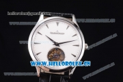 Jaeger-LECoultre Master Ultra Thin Tourbillon Swiss Tourbillon Manual Winding Steel Case with White Dial Stick Markers and Black Leather Strap