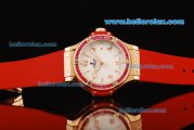 Hublot Big Bang Swiss Quartz Movement Rose Gold Case with Pink Diamond Bezel and Red Rubber Strap