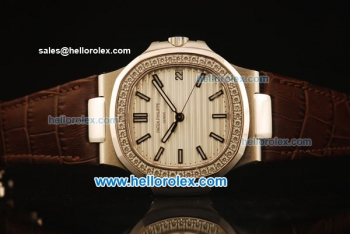 Patek Philippe Nautilus Swiss ETA 2824 Automatic Steel Case with Diamond Bezel and White Dial-Brown Leather Strap 1:1 Original