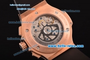 Hublot Aero Bang Chronograph Swiss valjoux 7750-SHG automatic Rose Gold Case with Skeleton Dial Gold Stick Markers and Black Rubber Strap