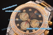 Rolex Daytona Swiss Valjoux 7750-SHG Automatic Two Tone Case/Strap with Double Row Diamond Bezel - Black Dial