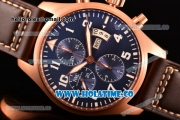 IWC Pilot's Watch Chrono Swiss Valjoux 7750 Automatic Rose Gold Case with Blue Dial Brown Leather Strap and Arabic Numeral Markers