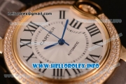 Cartier Ballon Bleu De Medium Asia 4813 Automatic Yellow Gold Case with Sliver Dial Diamonds Bezel and Grey Leather strap