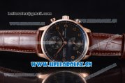 IWC Portugieser Chronograph Swiss Valjoux 7750 Automatic Rose Gold Case with Black Dial Arabic Number Markers and Brown Leather Strap