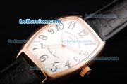 Franck Muller Casablanca Swiss ETA 2824 Automatic Movement Rose Gold Case with White Dial and Black Leather Strap