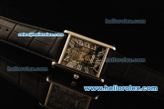 Cartier Tank Skeleton Manual Winding Movement Steel Case with White Roman Numerals and Black Leather Strap