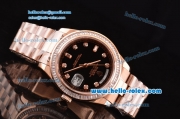 Rolex Day Date II Swiss ETA 2836 Automatic Rose Gold Case with Diamond Markers Black Dial and Diamond Bezel