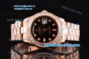 Rolex Day Date II Swiss ETA 2836 Automatic Rose Gold Case with Diamond Markers Black Dial and Diamond Bezel