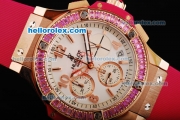 Hublot Big Bang Chronograph Quartz Movement White Dial with Pink Diamond Bezel and Pink Rubber Strap-Lady Size