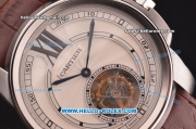 Cartier Calibre de Swiss Tourbillon Manual Winding Movement Steel Case with White Dial and Brown Leather Strap