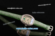 Franck Muller Heart Swiss Quartz Steel Case with Green Leather Strap Diamond Bezel and White Dial - ETA Coating