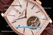 Vacheron Constantin Malte Tourbillon Swiss Tourbillon Manual Winding Rose Gold Case with Brown Alligator Strap White Dial and Diamond Bezel