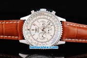 Breitling Navitimer Chronograph Quartz Movement Silver Case with White Dial and Brown Leather Strap-Stick Markers