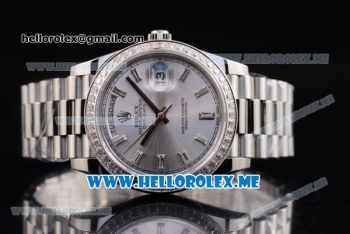 Rolex Day-Date Swiss ETA 2836 Automatic Stainless Steel Case/Bracelet with Silver Dial and Stick Markers Diamonds Bezel (BP)