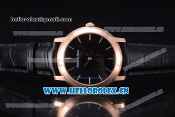 Audemars Piguet Jules Audemars Clone AP Calibre 3120 Automatic Rose Gold Case with Stick Markers Black Dial and Black Leather Strap