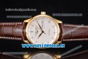 Longines Master Day Date Swiss ETA 2824 Automatic Yellow Gold Case with White Dial Diamonds Markers and Brown Leather Strap
