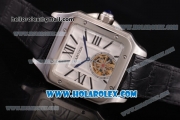 Cartier Santos Tourbillon Asia Automatic Steel Case with White Dial Black Leather Strap and Roman Numeral Markers