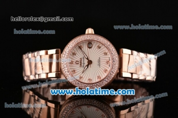 Omega De Ville Ladymatic Swiss ETA 2824 Rose Gold Case Rose Gold Bracelet with Diamond Bezel and White Dial