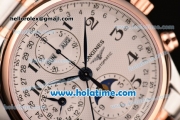 Longines Master Chrono Moonphase Swiss Valjoux 7751 Automatic Two Tone Case with White Dial and Rose Gold Bezel
