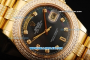 Rolex Day Date II Automatic Movement Full Gold with Double Row Diamond Bezel - Diamond Markers and Black MOP Dial